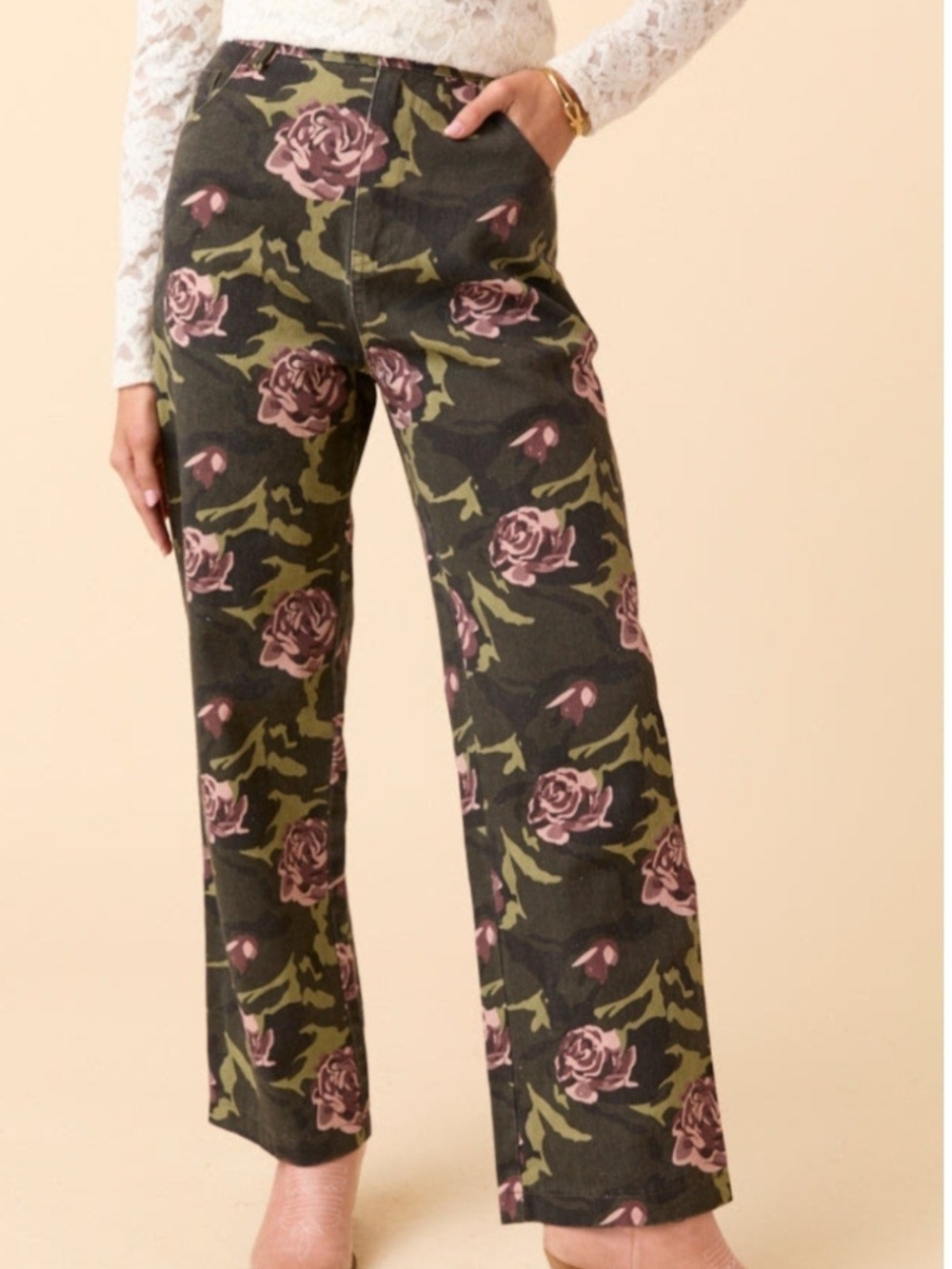 Pink Lily Floral Camo Wide Leg Pants NWT